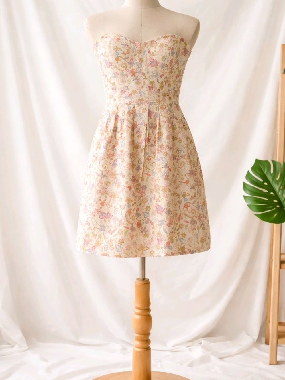 Floral Paisley Linen Blend Strapless Mini Dress Sweetheart Cottagecore Garden-L
